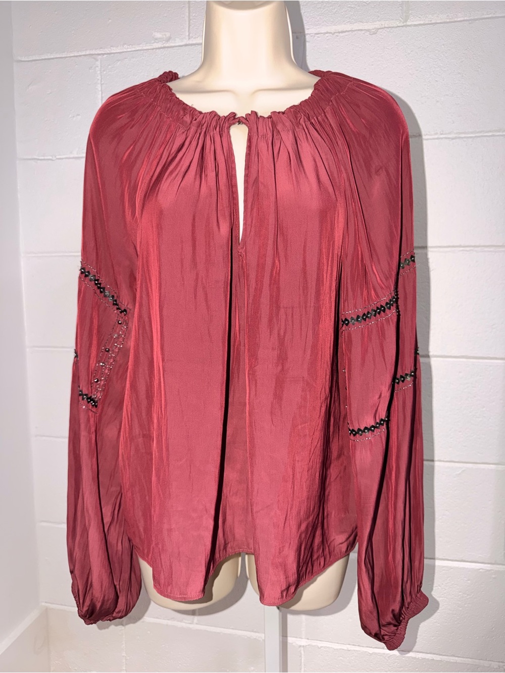 Remy Brook Women's Rose Red Peasant silk Blouse with Beaded Sleeve Detail-002